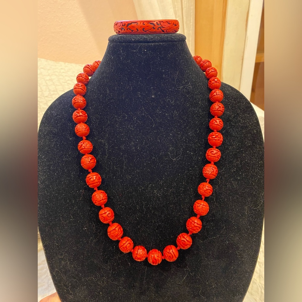 Vintage Chinese Carved Cinnabar Necklace and Bangle